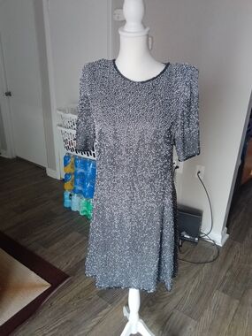 Women's Short-Sleeve Sequin Shift Dress - Silver